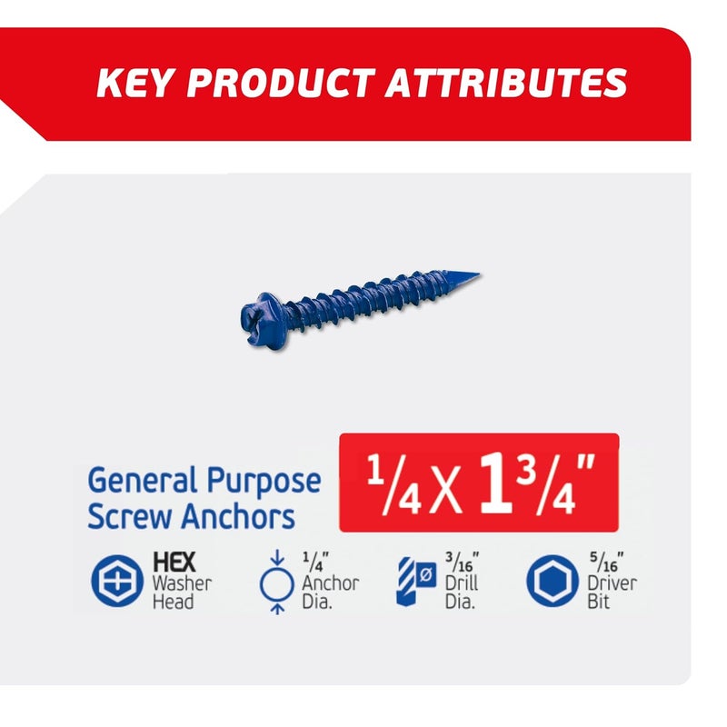 FixMaster 1/4 x 1-3/4 Hex Head Blue Concrete Screw Anchors (100 pcs Screw Kit) with one Screwdriver and Drill Bit for Concrete, Masonry, Block, Brick and Wood Fastening - Image 2